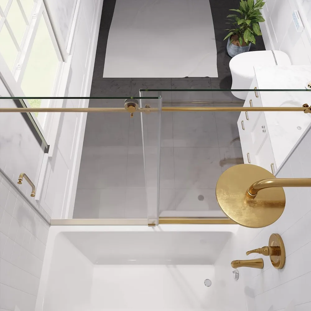 Frameless Bathtub Door, 60&ldquo; X 62&rdquo;, Brushed Gold Finish with Tempered Clear Glass, Sliding Shower Door