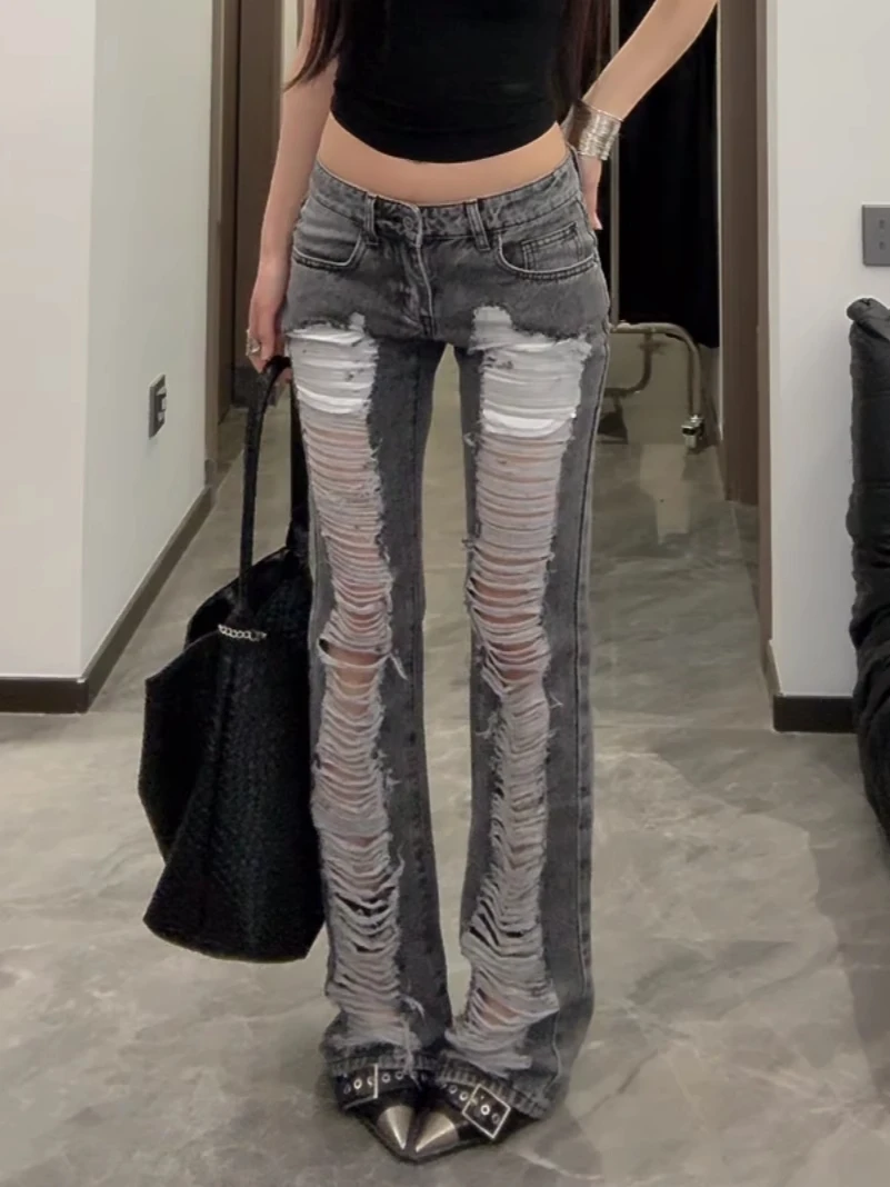 Women's Grey Ripped Skinny Jeans Harajuku Vintage Y2k Denim