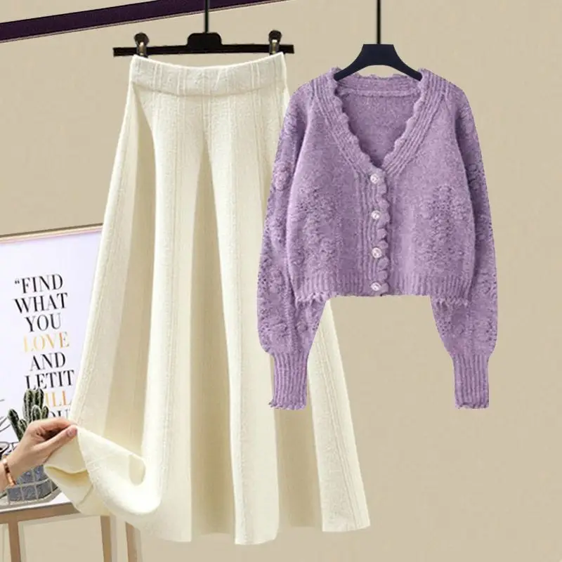 Autumn and Winter Set Women's 2023 New Korean Edition Slim Knitted Cardigan Top Casual Half Skirt Two Piece Set Fashion