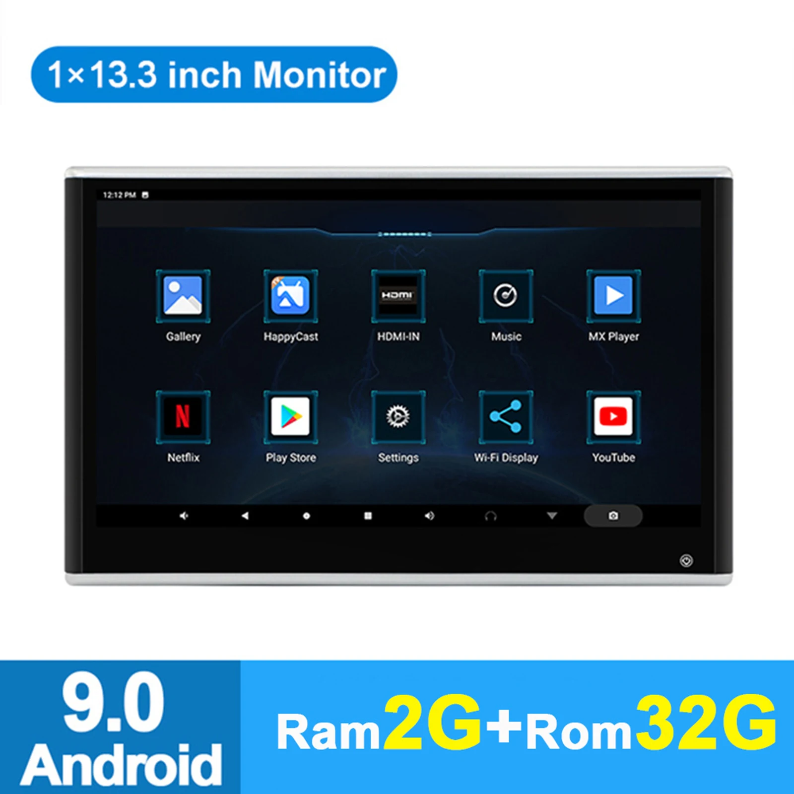 13.3 Inch Car Headrest Monitor Android 9.0 Rear Seat Entertainment