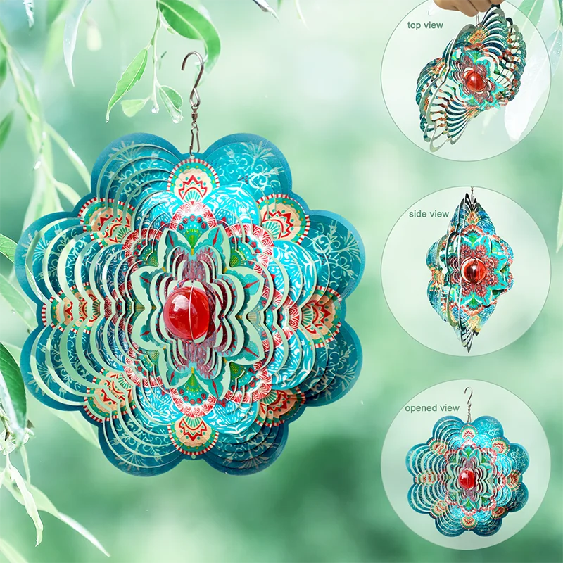 PSATHENATI Wind Spinner with Gazing Ball Christmas Decoration Room Garden Hanging Kinetic Yard Art 12in Blue Flower Mandala