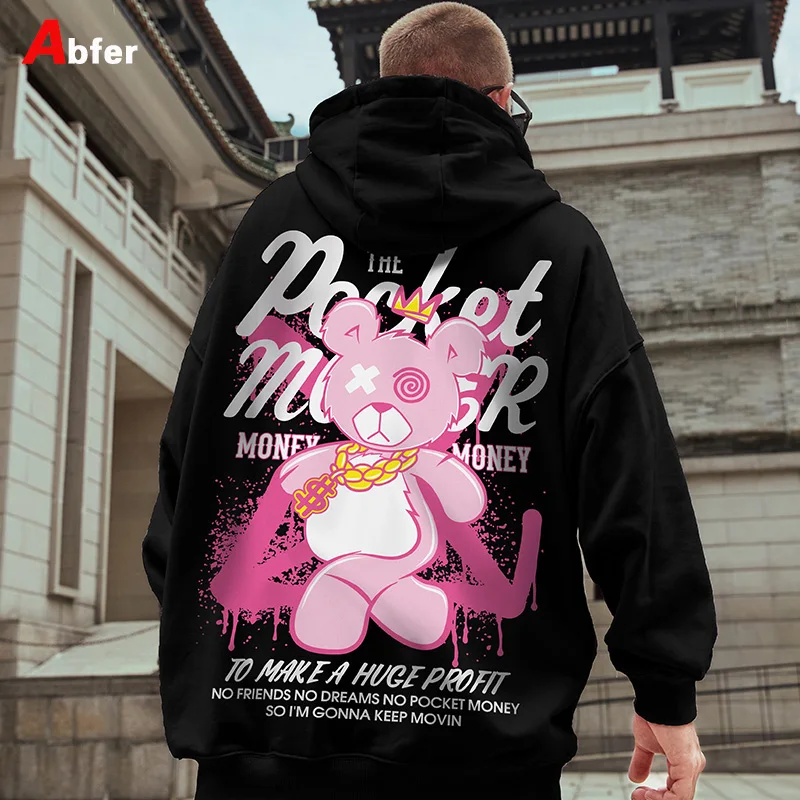 Abfer Winter Hip Hop Hoodie Men Plus Velvet Bear Graffiti Hight Street Oversized Sweatshirt Harajuku Hoded Pullover Trend Male