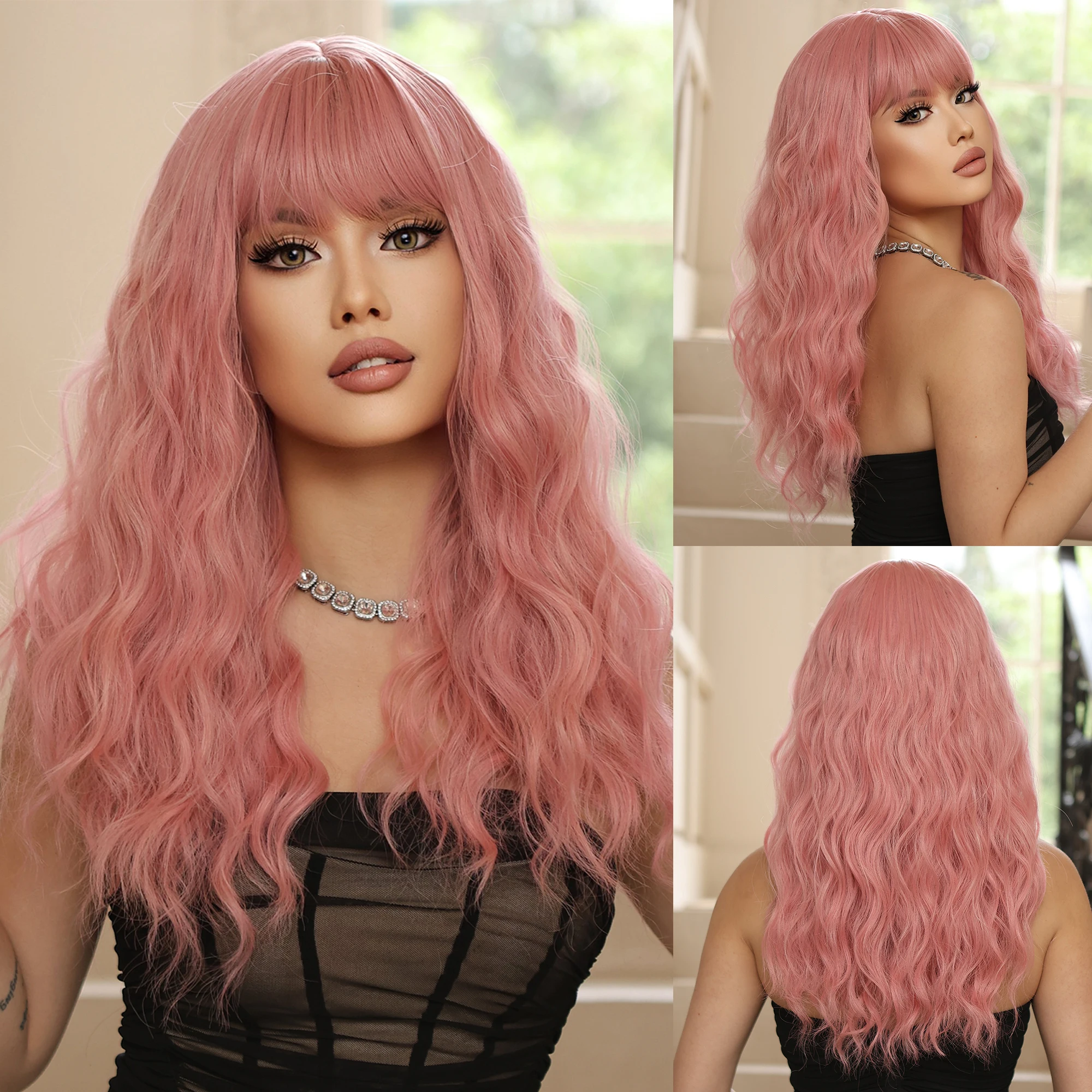 

Длинный розовый парик с челкой, натуральные волнистые пушистые термостойкие волнистые волосы, синтетические парики для женщин, косплей лолиты, женский парик для отпуска