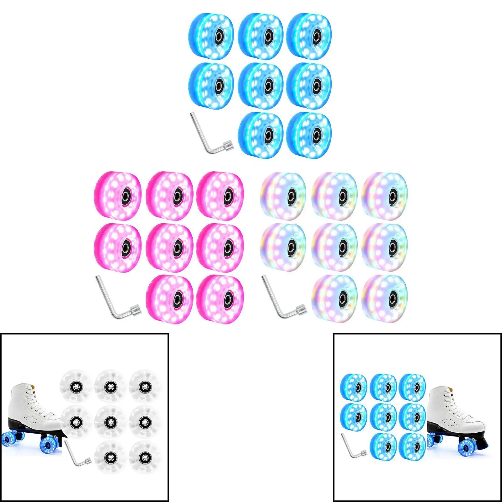 8 Pieces Luminous Roller Skate Wheels 82A Hardness Indoor with Wrench Parts Outdoor with Bearings Light up Roller Skate Wheels
