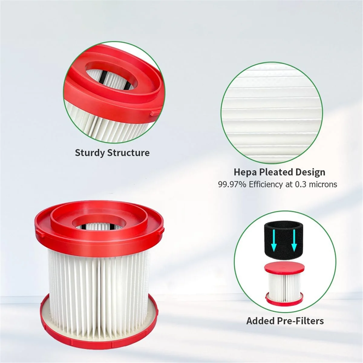 2Pack 49-90-1900 HEPA Filter Milwaukee Cordless M18 Vacuum 0780-20 0880-20 4 Foam Sleeve Filters 1 Brush hepa filter kit