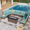 11 piece set of terrace furniture with fire pit table set, semi-circular arc-shaped segmented sofa, waterproof rattan garden set 1