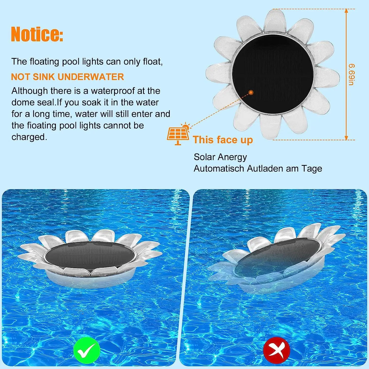 Description Picture 5 of itemSolar Powered LED Flower Light Artificial Lotus Shape Floating Fountain Pond Garden Swimming Pool Lamp lawn Led Night Light