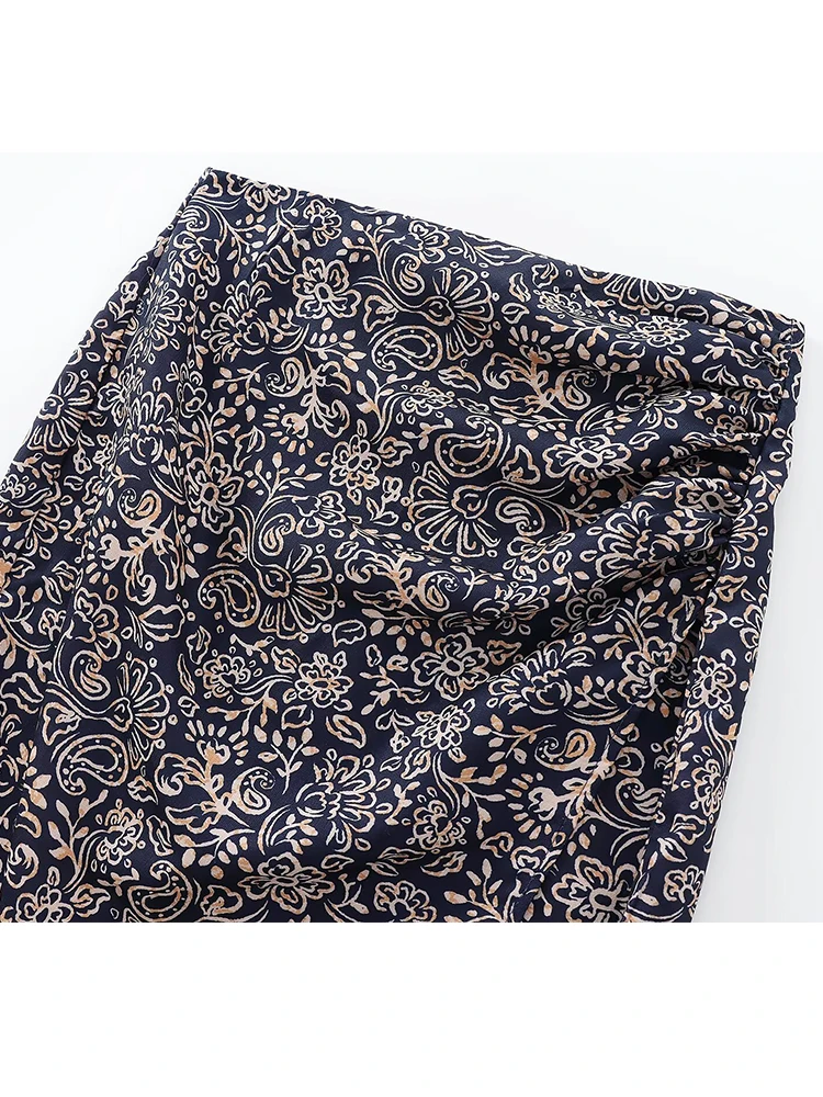 TFMLN New Women's Print Linen Skirt 2024 Vintage Holiday Style Zipper Straight Midi Skirts for Women