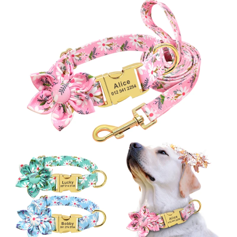 Flower Custom Dog Collar Leash Floral Printed Nylon Pet Dog Collars