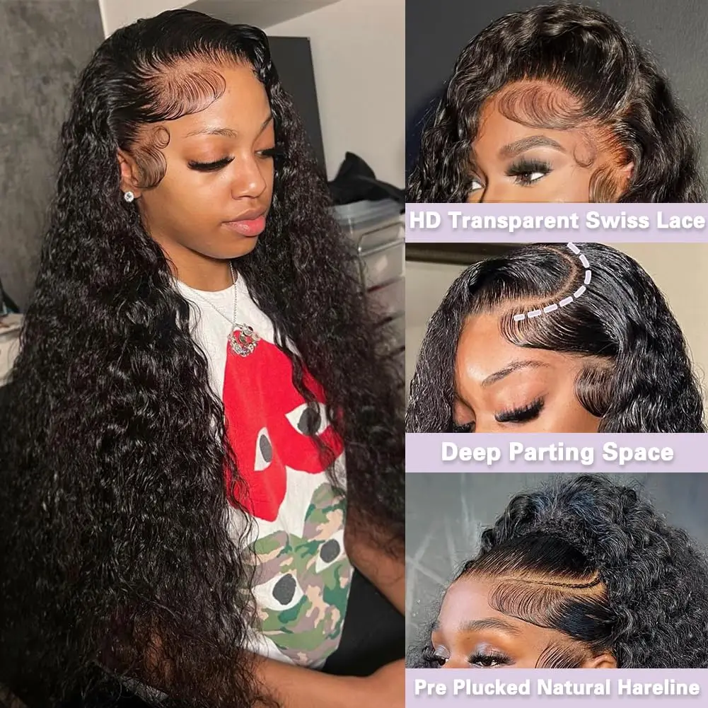 200% Density Deep Wave Lace Front Wigs Human Hair with Drawstring Natural Hairline 26 Inch 13x6 Lace Front Wig for Women 5x5