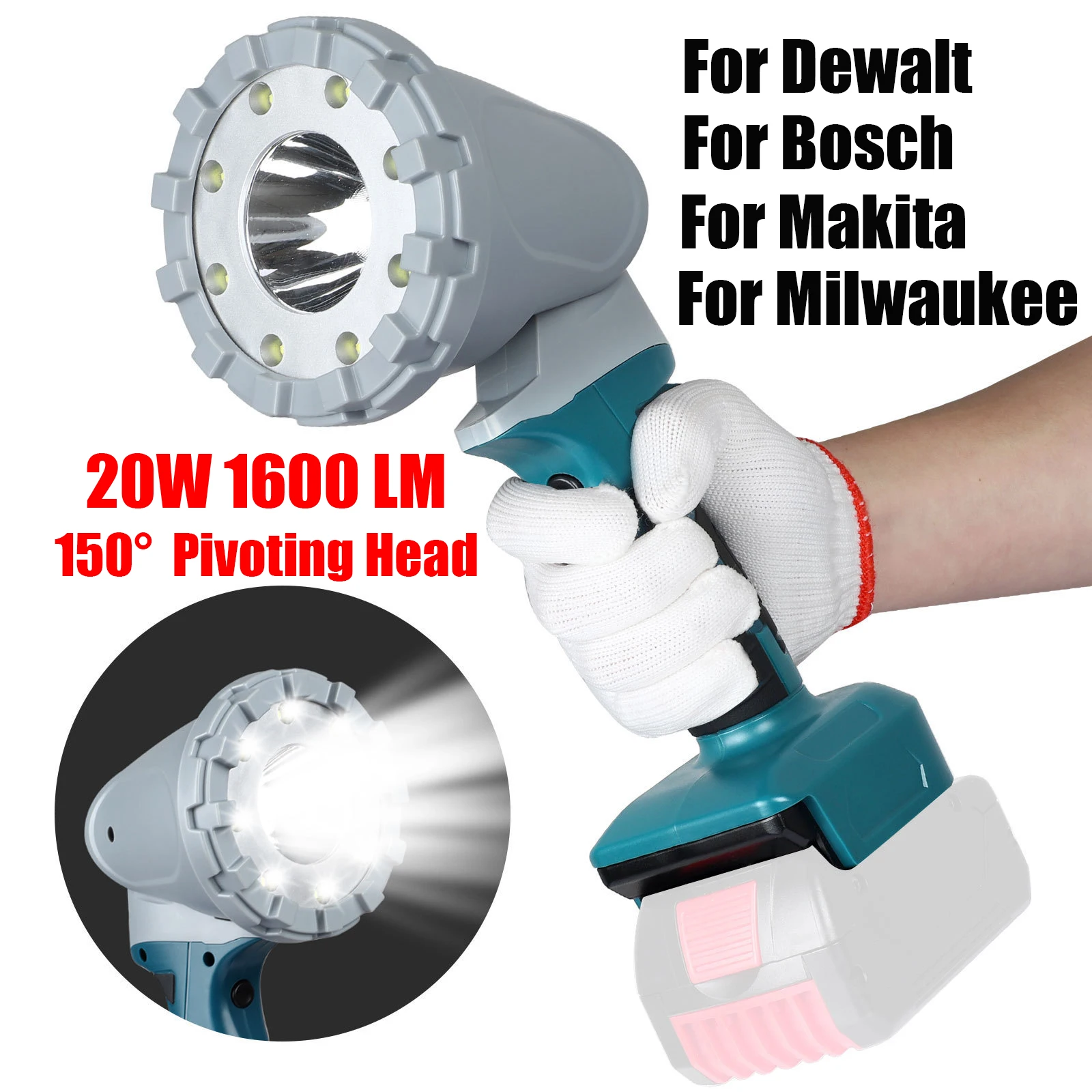 

20W 1600LM Tool light LED Flashlight Powered For Makita Bosch DEWALT Milwaukee 14.4-18V Batteries Jobsite Work Light Spotlight