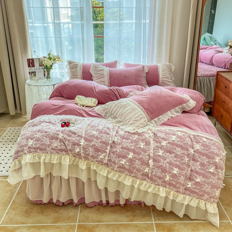 

White Flower Lace Ruffles Korean Princess Style Velvet Fleece Bedding Set Duvet Cover Quilted Bedspread Or Bed Skirt Pillowcases