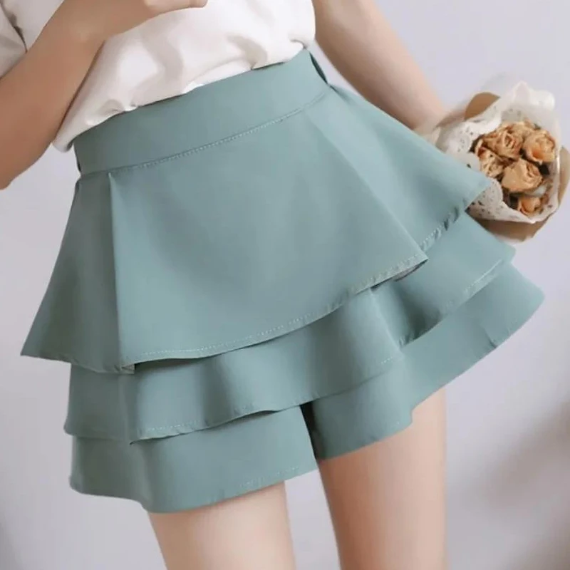 Summer New Solid Color Fashion Cake Shorts Skirt Women High Street Casual Loose Elastic Waist Elegant Personality Wide Leg Trous