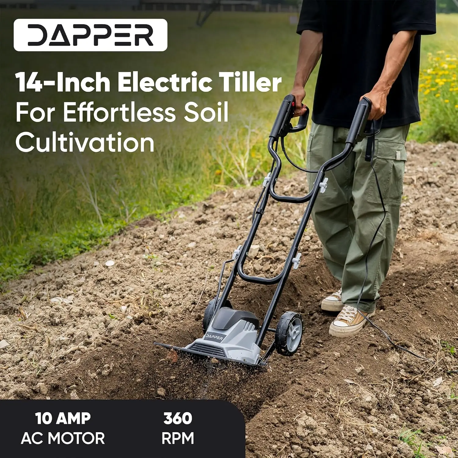 10 Amp Electric Garden Tiller with 4 Steel Tines, Adjustable Depth, Foldable Handle, Lightweight Cultivator