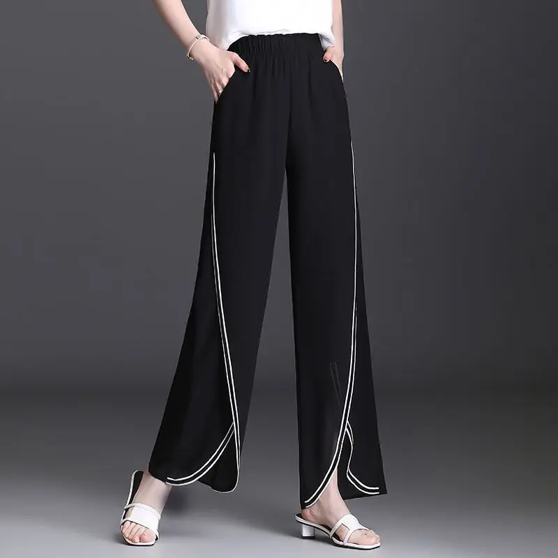 Korean High Waist Women Summer New Wide Leg Pants Black Chiffon Thin Line Split Irregular Fashion Loose Casual Straight Trousers woman jeans high waist wide leg pants korean loose trousers mom jeans white embroidered letter irregular cotton linen shirt