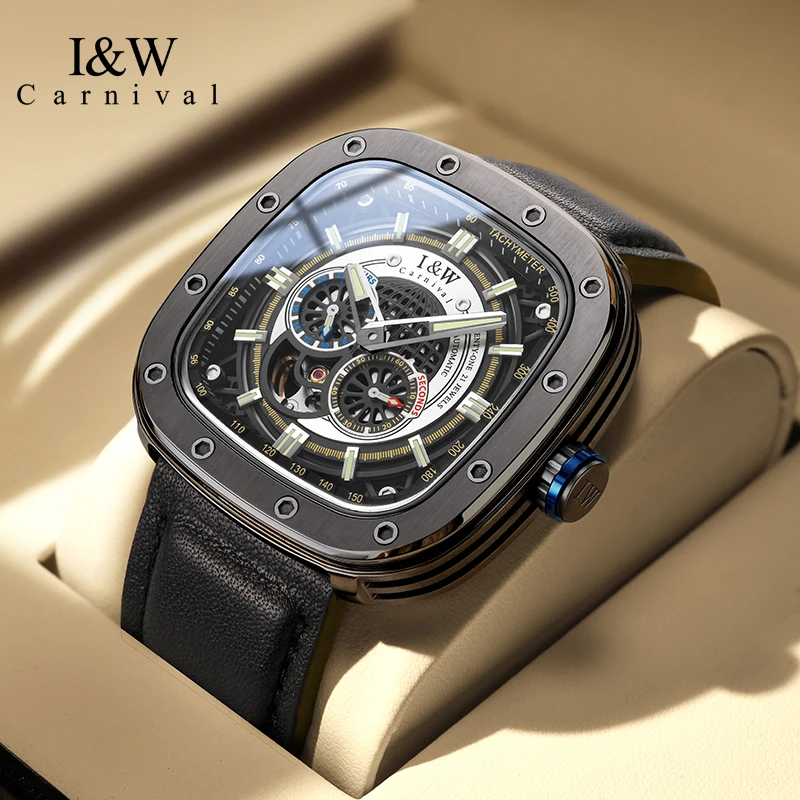 

Carnival IW Series High End Super Punk Skeleton Watch Men Square Sapphire MIYOTA Movement Mechanical Watches Luminous Hands