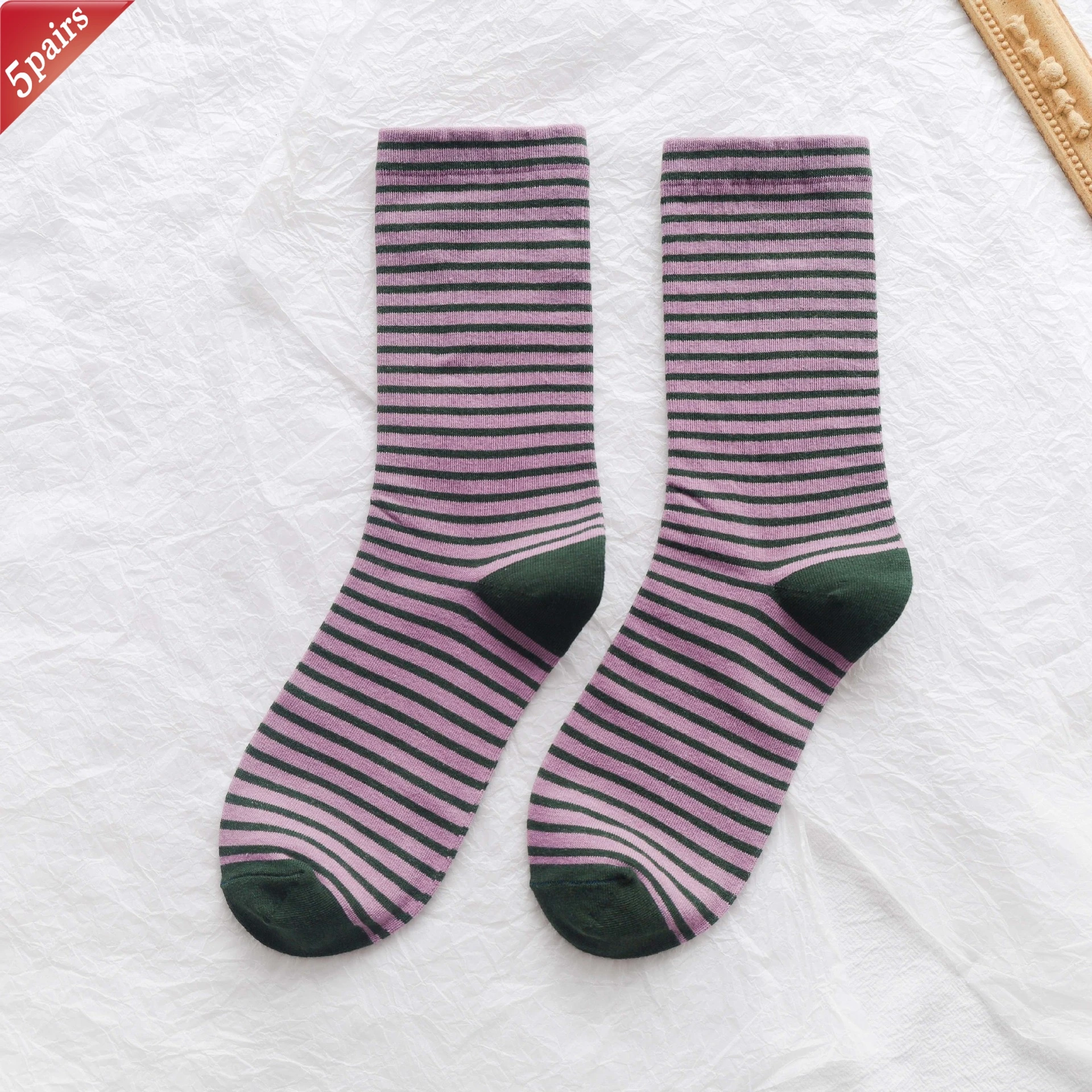 Women's Korean Comfort Cotton Socks - Striped Contrasting Color Mid Tube, 5 Pairs Set