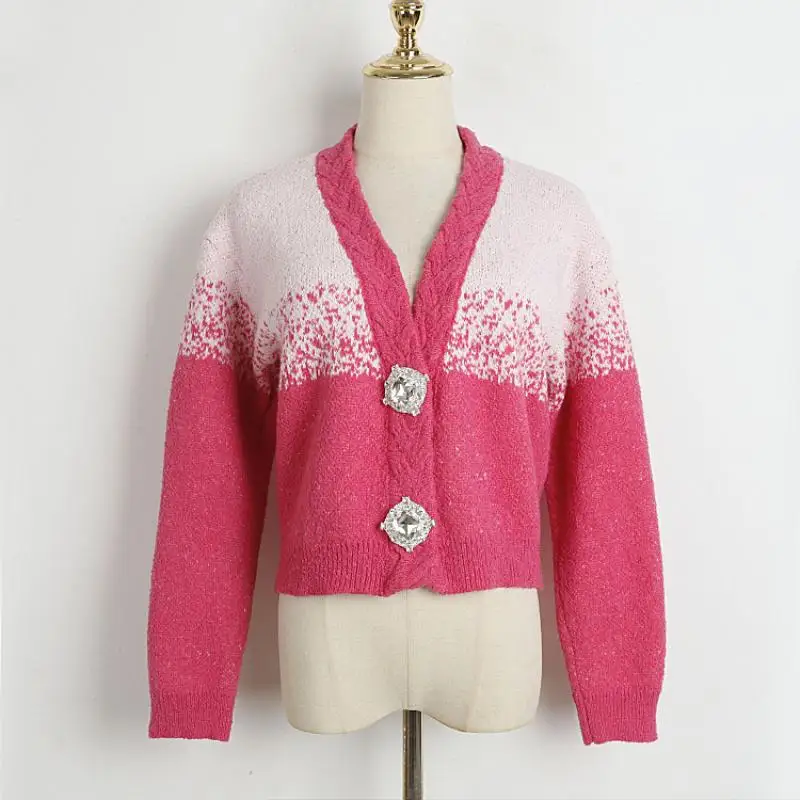 

High Quality Diamond Button Deep V-Neck Pink Cardigans 2024 Autumn/winter New Long Sleeve Gradient Beading Kniwear Sweaters