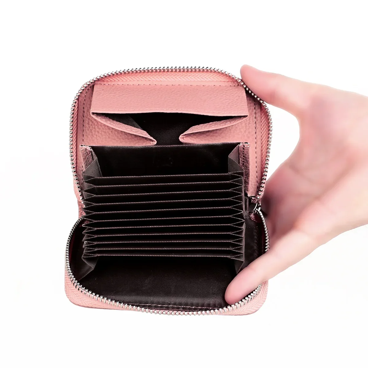 Women's RFID Blocking Credit Card Wallet Minimalist Genuine Leather Zippered Small Coin Purse Front Pocket Card Holder for Women