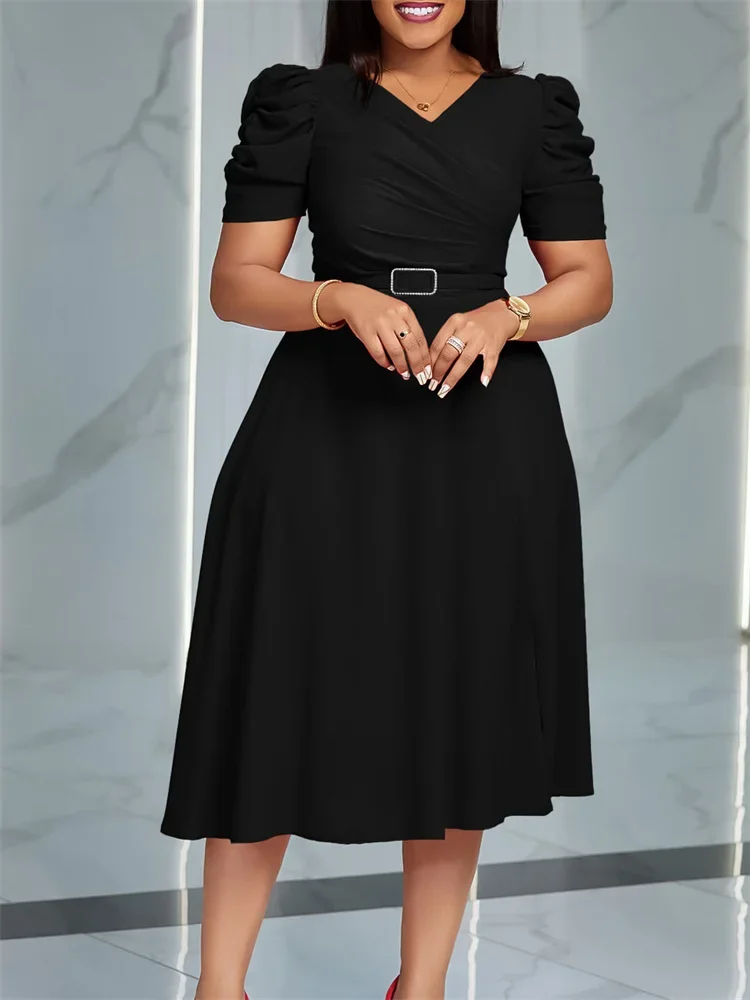 Wmstar Women Dress High Quality Summer Elegant Solid Color V Neck Short Sleeve High Waist Casual Loose Pleated Dresses Vestidos