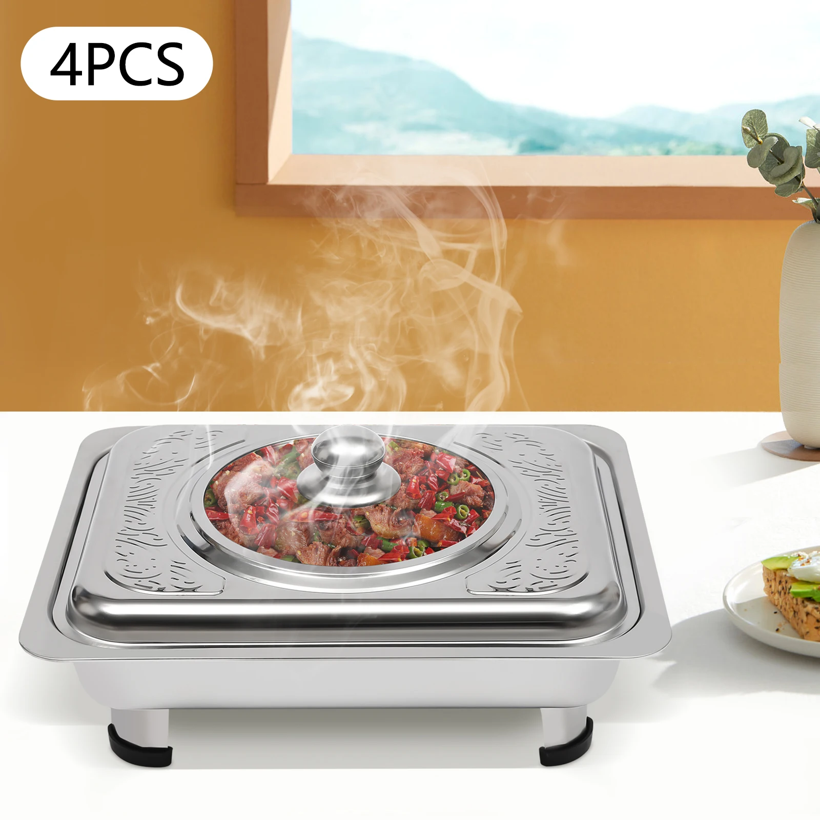 4 Stück Chafing Dish mit Deckel, rechteckige Warmhaltebehälter für Buffets – Detail 8