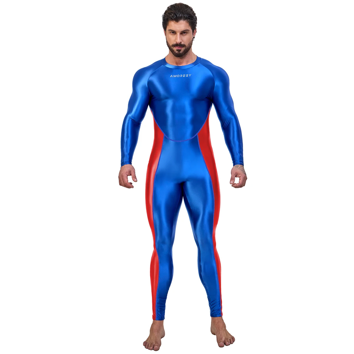 AMORESY Men Oil Glossy Shiny Satin Smooth Sports Tracksuit Long