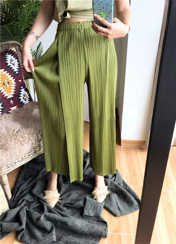 Miyake Pleated Black High Waist Split Side Straight Pants Women Causal Loose Cropped Trousers 6