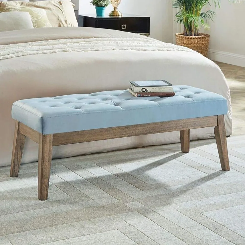 

Velvet Upholstered Tufted Bench With Solid Wood Leg Bed Stool Ottoman With Padded Seat-Seaglass Bedroom Living Room Furniture