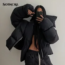 

Fashion Winter Scarf Collar Puffer Short Jackets Women 2021 Oversized Black Bubble Coats High Street Zipper Outwear Casual Parka