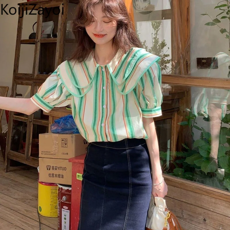 

Koijizayoi Striped Women Short Sleeves Blouse Single Breasted Office Lady Fashion Shirt Summer All Match Tops Dropship Blusas