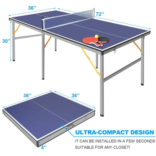 6 ft Blue Foldable Table Tennis Table Set, Portable Ping Pong Table with Net, 2 Paddles and 3 Balls