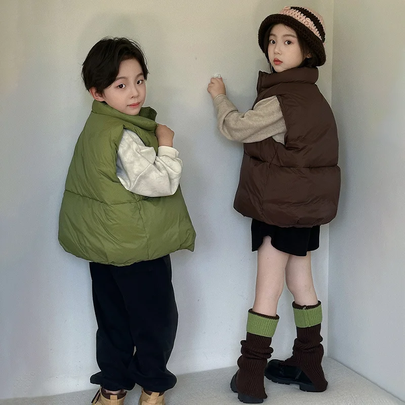 키즈 웜 다운 조끼 4-14 세 가을 겨울 패션 스탠드 칼라 양복 조끼 소년 소녀 캐주얼 솔리드 컬러 민소매 자켓