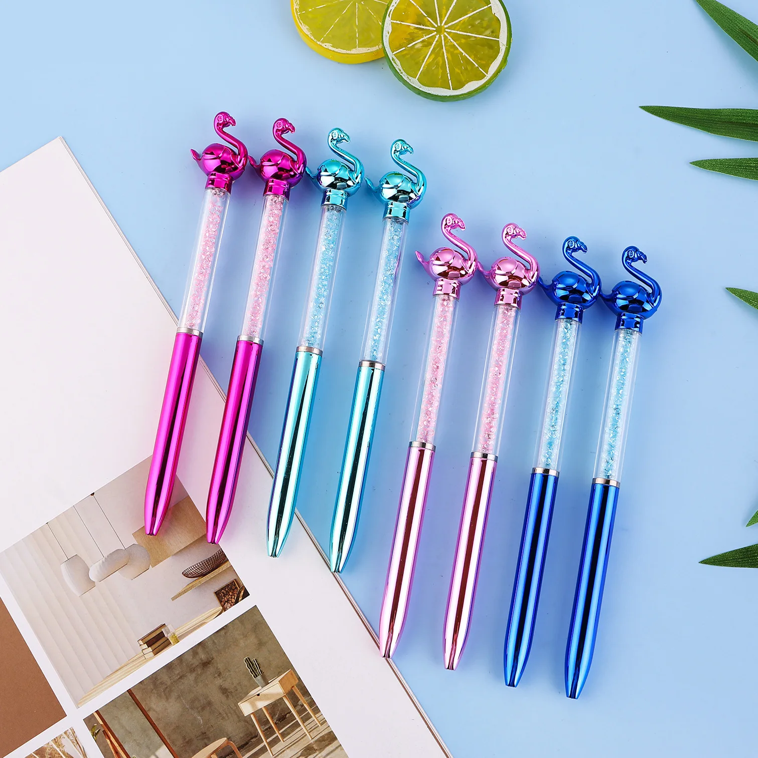 귀여운 크리스탈 플라밍고 볼펜, 블루 잉크, 귀여운 백조 회전 젤 펜, 학교 사무용품, 문구, 0.7mm, 10 개/로트