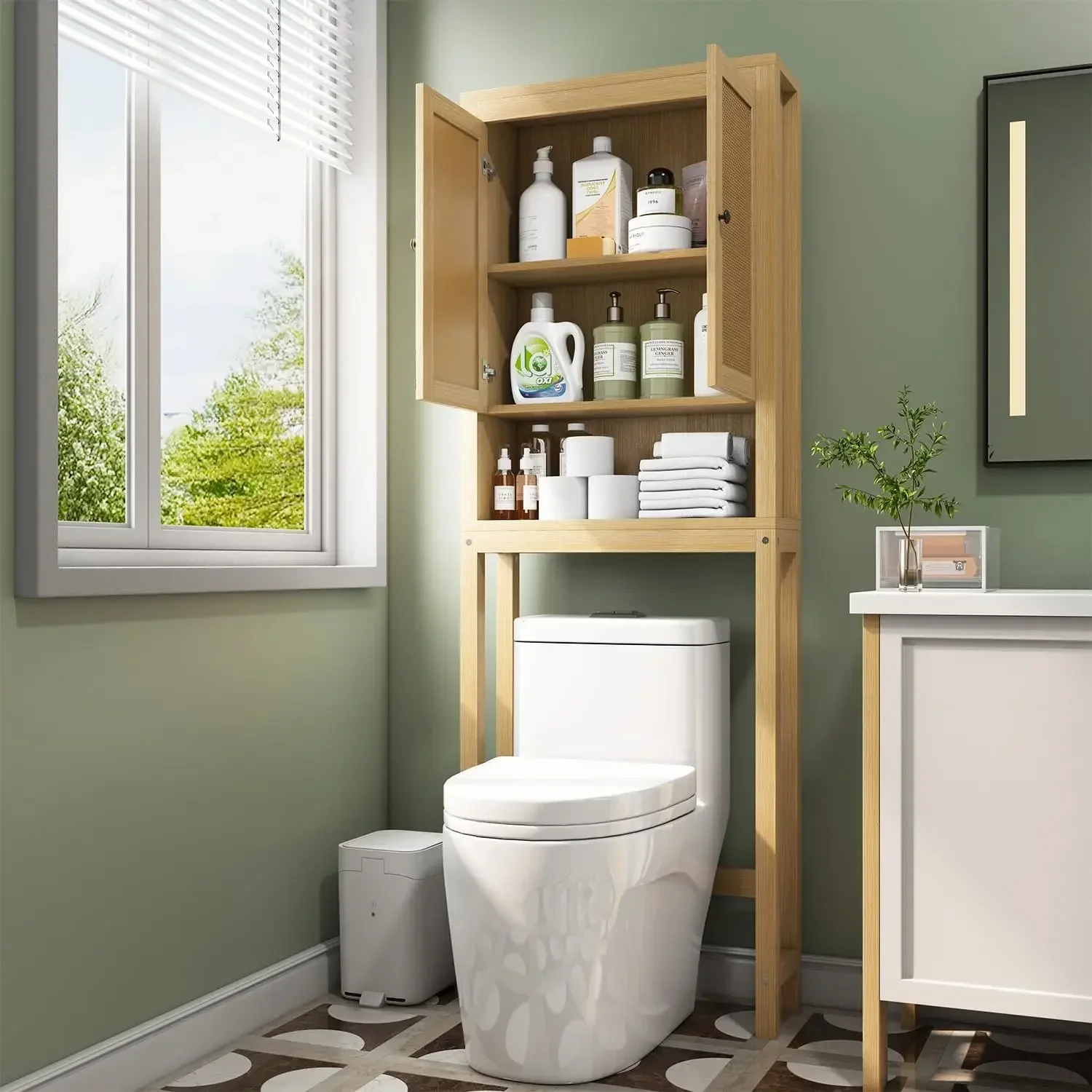 Rattan Over The Toilet Storage Cabinet, Adjustable Shelf, Behind Toilet Cabinet,Bathroom, Laundry, Wood Rack, Natural 3