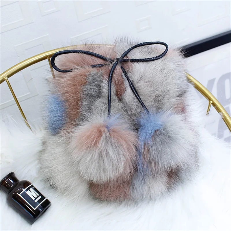 Women's Luxury Fur Drawstring Bucket Bag High Quality Fox Fur Fashion Shoulder Bag Soft Handbag With Color Contrast Design