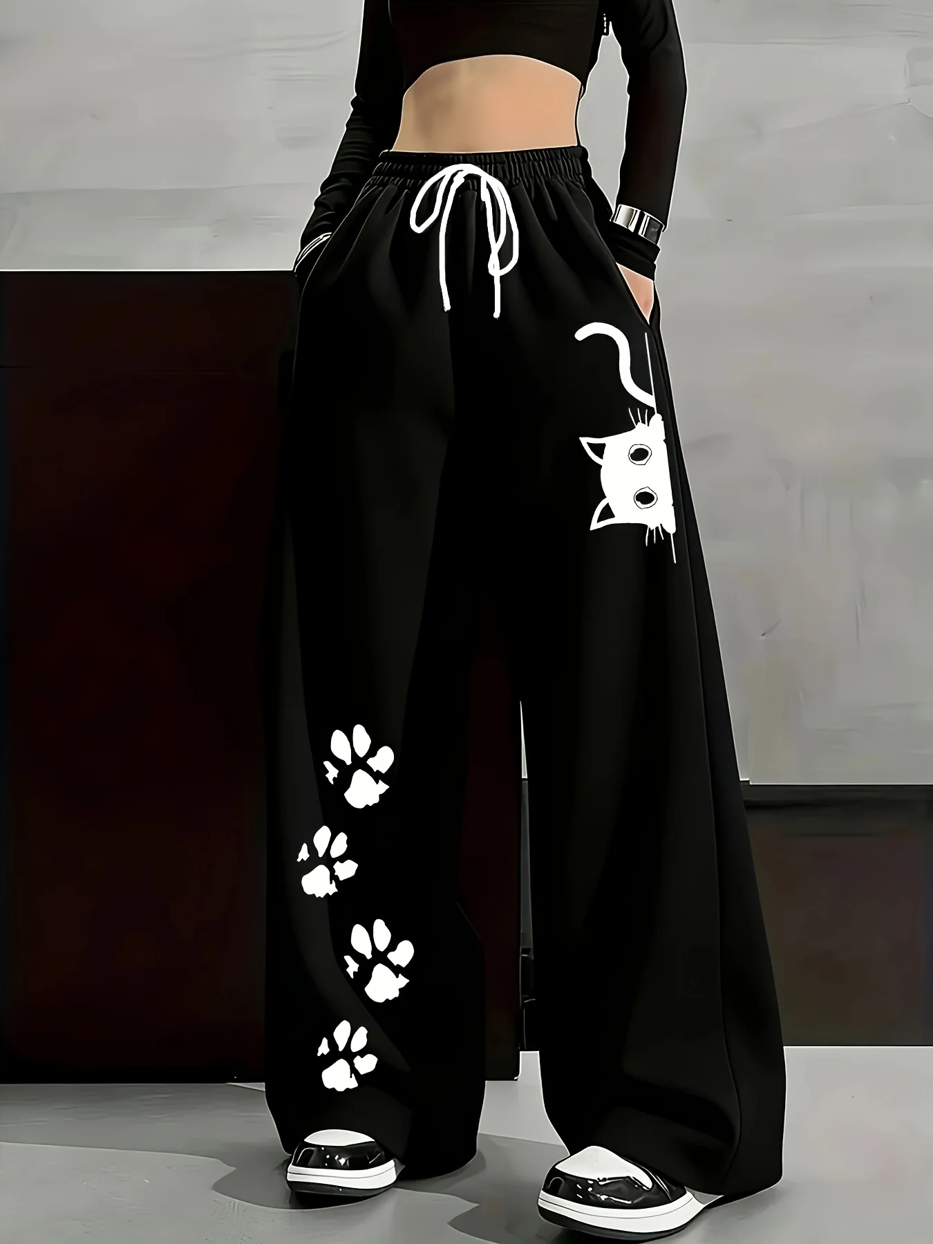 2026 Sommer Kinder Schnelltrocknende Lockere Hose Braun Weiß Katzen- & Pfotenmuster Kordelzug Elastischer Bund Lässige Mode Streetwear Hose – Detail 7
