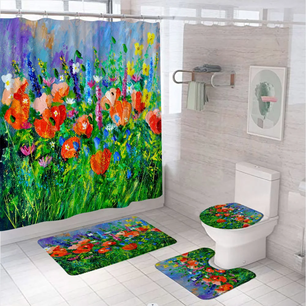 

Red Poppy Flowers Oil Painting Shower Curtain Set Non-Slip Rug Toilet Lid Cover Bath Mat Vintage Floral Leaves Bathroom Curtains