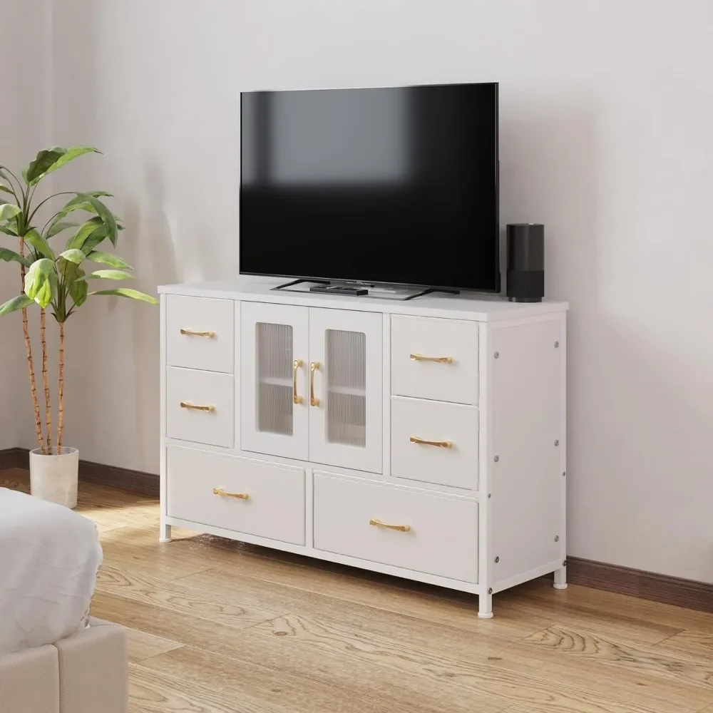 

6-Drawers Dresser with 2 Storage Shelves and Open Door, Fabric Dressers Drawers with Power Outlets, Easy Pull Handle (White)