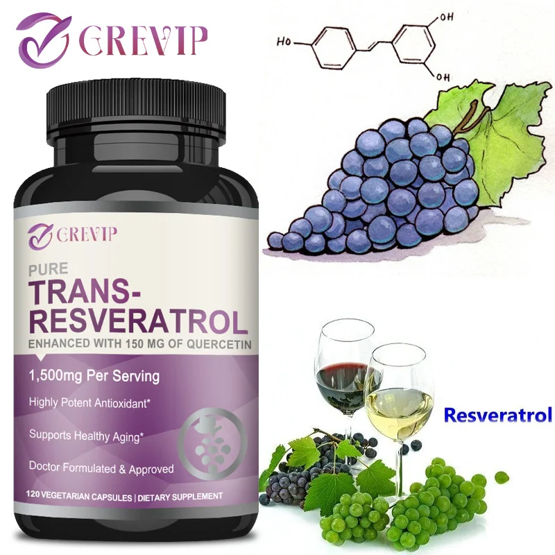 Trans-Resveratrol Capsules 1500mg Supports Brain Function Heart Skin Health Anti-aging Antioxidant anti aging cell booster