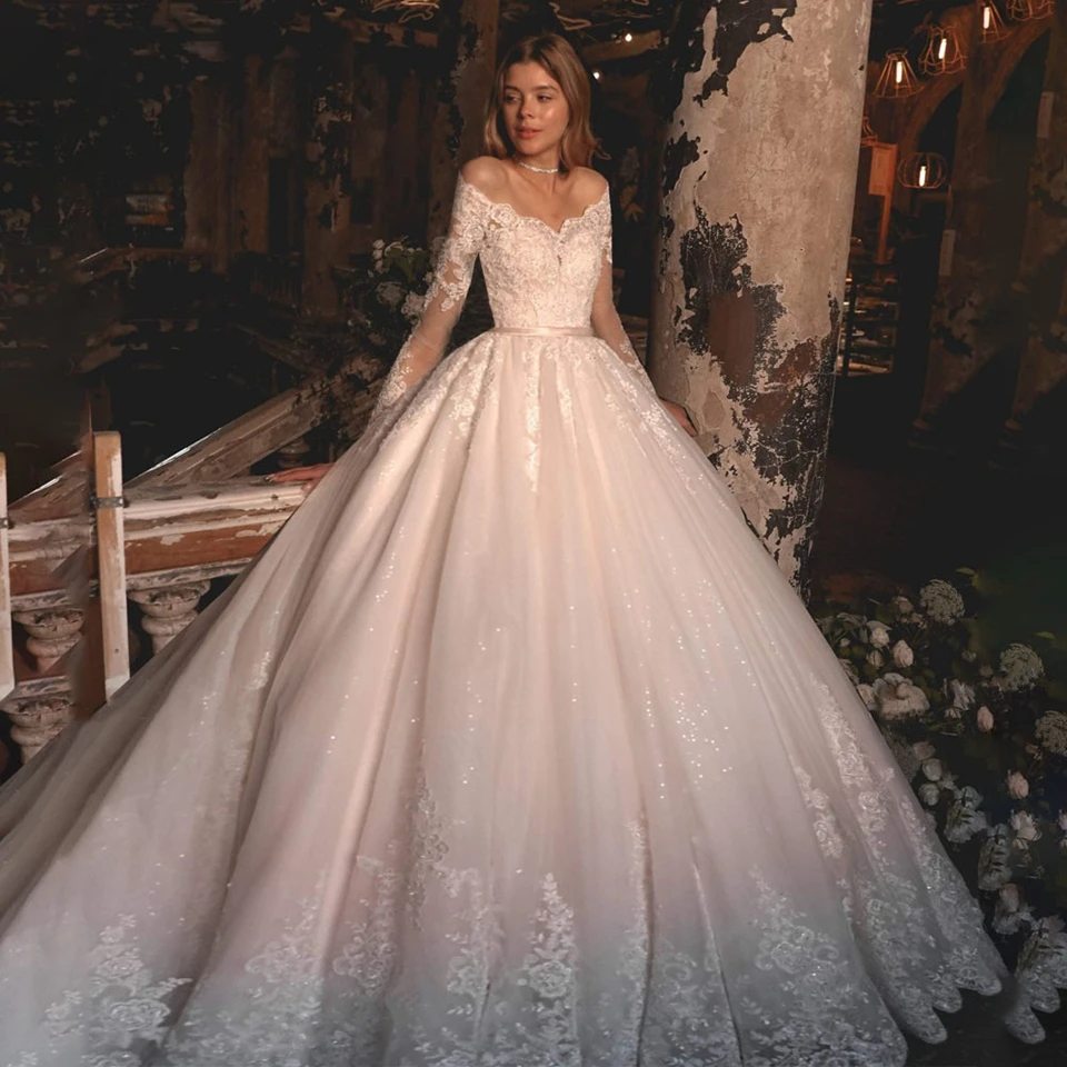 Luxuriöse elfenbeinfarbene Brautkleider mit langen Ärmeln und Herzausschnitt 2026, Prinzessin-Stil, schulterfrei, mit Spitzenapplikationen, Brautkleider, Vestido De Novia – Detail 9
