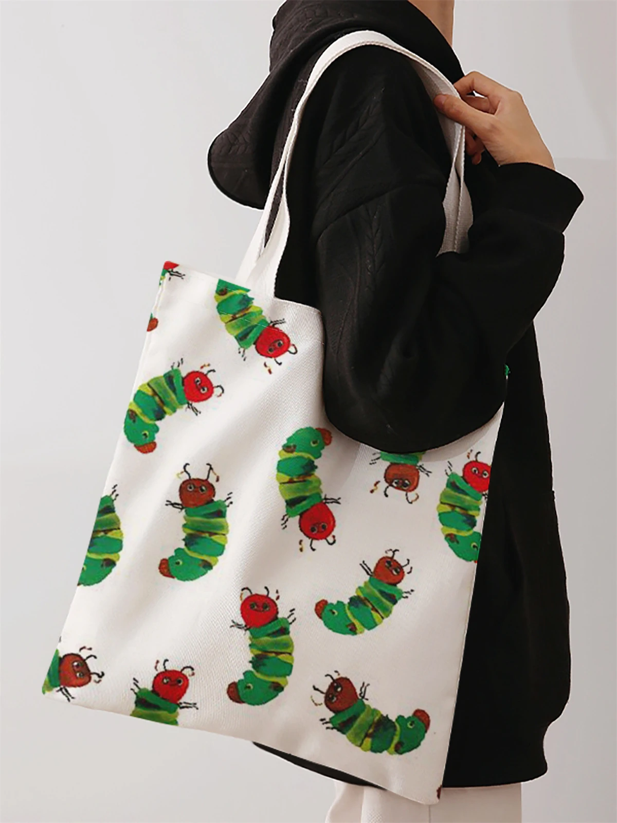 Caterpillar pattern printed casual handbag, reusable fashionable backpack, multifunctional handbag, canvas shopping bag