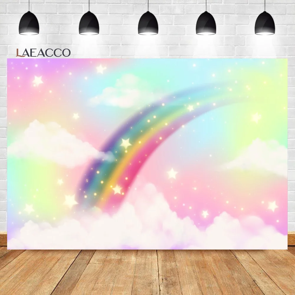

Laeacco Rainbow Backdrop Sky Cloud Glitter Star Gold Dots Newborn Baby Shower Bithday Portrait Customized Photography Background