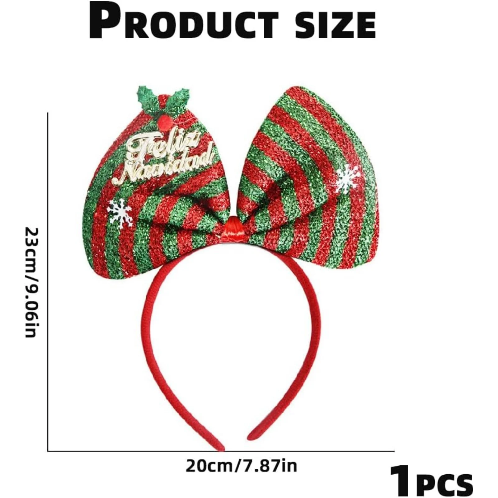 1PC  Christmas Bow Headband - Glitter Red Green Striped With Snowflake Decor, Xmas Holiday Party Hair Accessory For Women