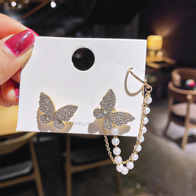 Elegant Cute Rhinestone Butterfly Stud Earrings For Women Girls Fashion Metal Chain Earring Wedding Party Jewelry Gifts