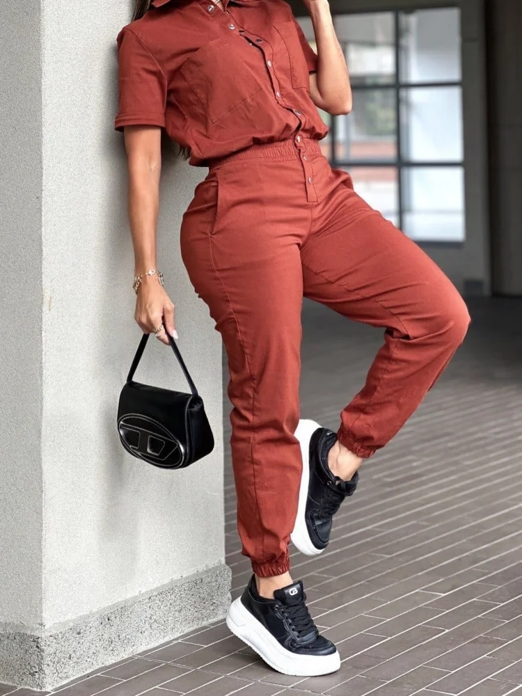 Wmstar Jumpsuit Women Wholesale Casual Fashionable Tight Fitting Short Sleeved Lapel Multi Pocket Elastic Button Fancy Club