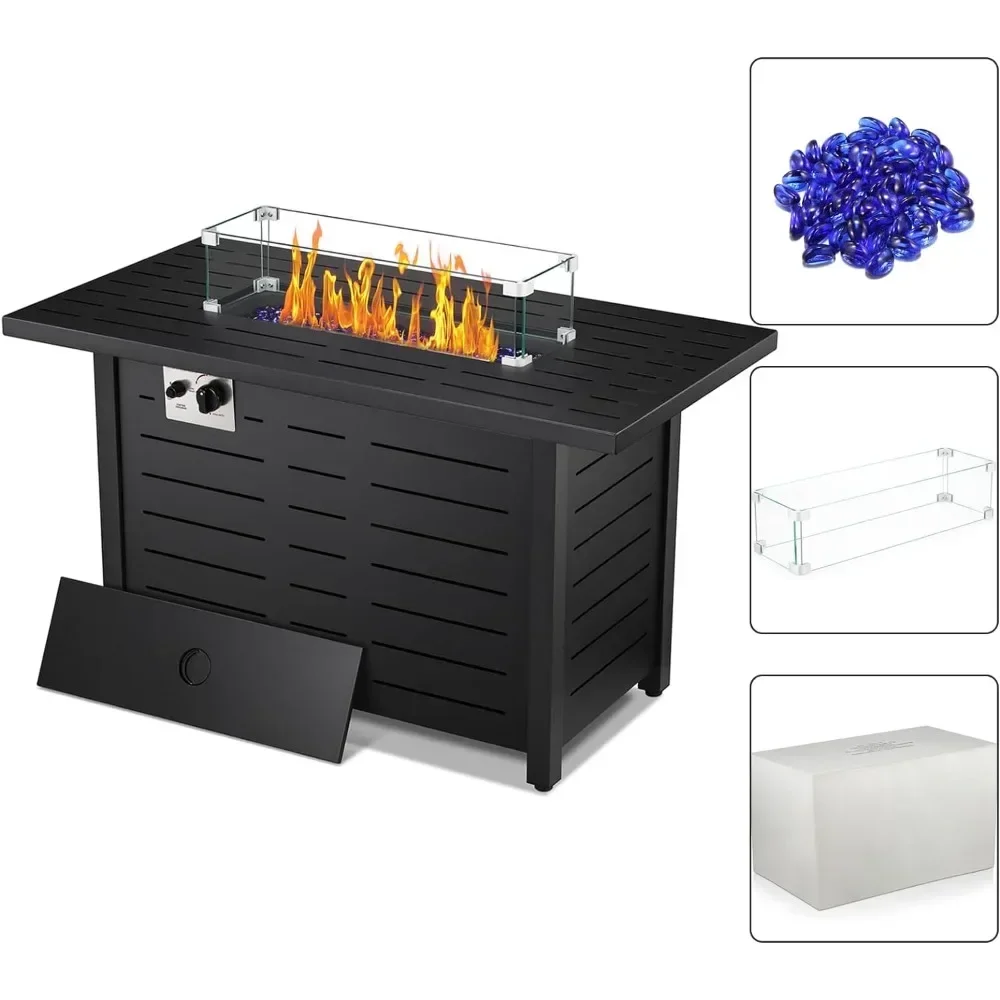 Propane Fire Pit Table with Blue Glass Rocks and Tempered Glass Wind Guard Outdoor Fire Pit with Lid and Rain Cover 43"