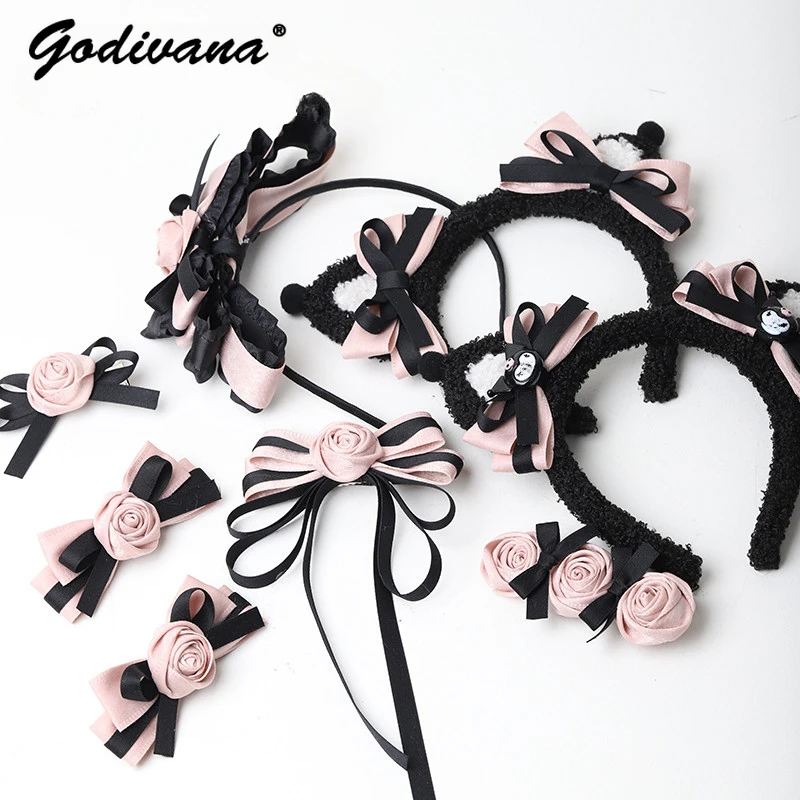 

Lolita Hair Accessories for Women Black Pink Hair Clips Sweet Cool JK Original Bow Barrettes Japanese Girls Headdress Hairband