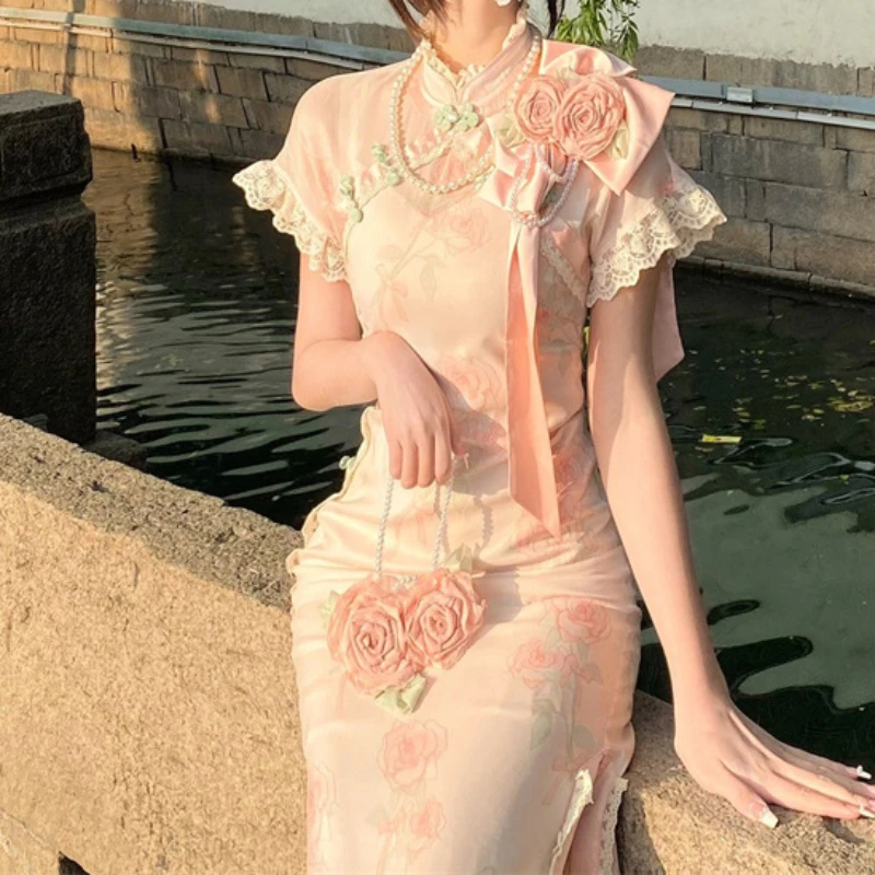 

Chinese Traditional Clothing Qipao Chi-pao 3D Rose Modified Cheongsam Dress Elegant Kawaii Sweet Summer 2023 Waist Slim Dress