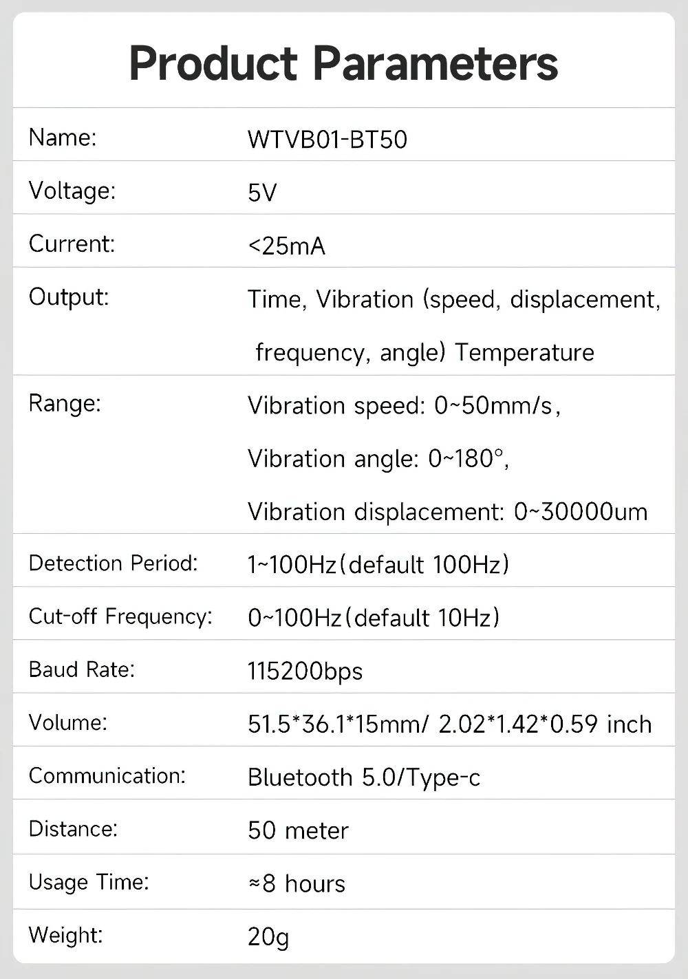 WitMotion WTVB01-BT50 Bluetooth 50m 다중 연결 진동 센서, 3축 진동 변위 + 속도 + 진폭 + 각도