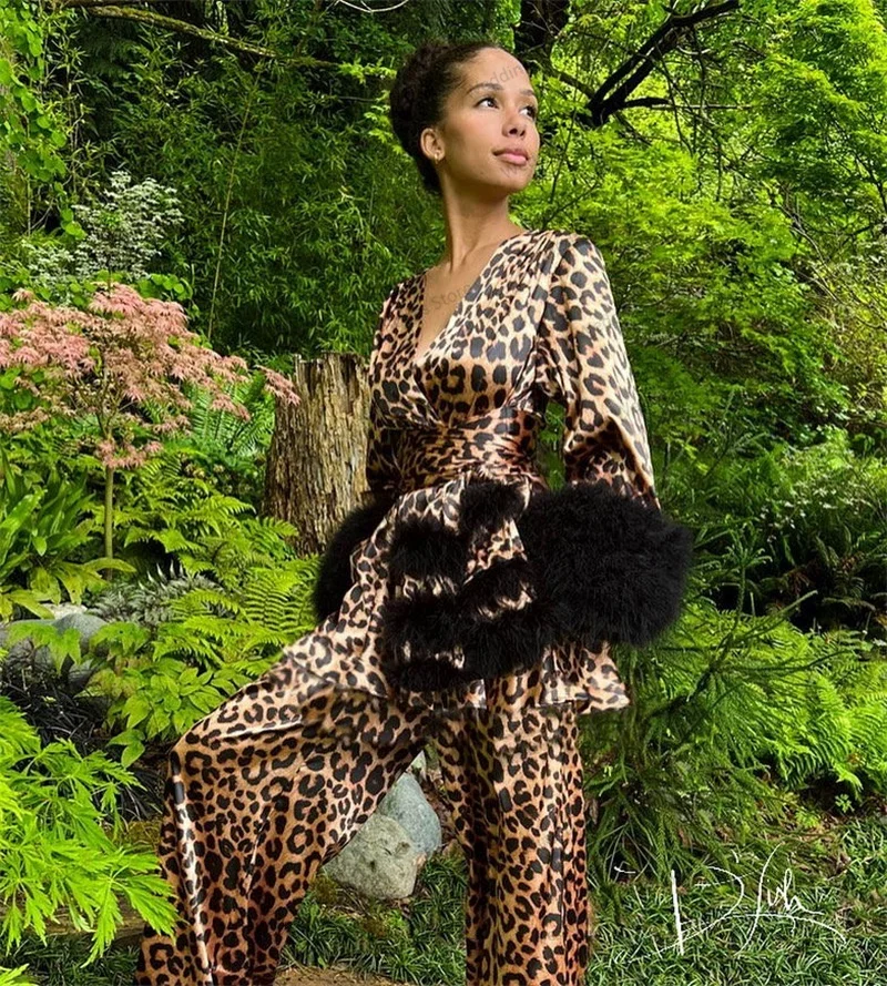 Leopard Feather Women Sleepwear Pajamas Wedding Night Dresses 2 Pieces Cloth+Pants Set Silk Satin With Belt Photoshoot Tailored